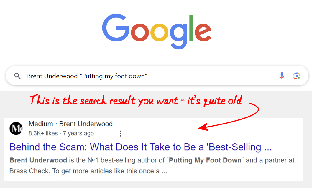 A page showing a Google search result for 'Brent Underwood "Putting my foot down"'