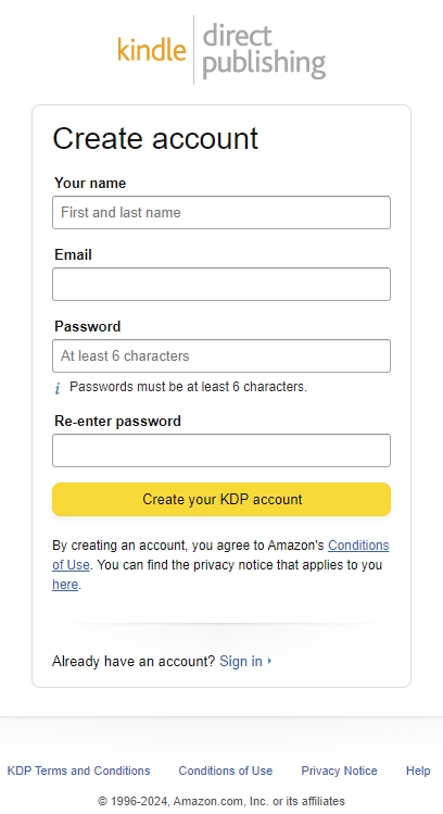 The Amazon join KDP screen
