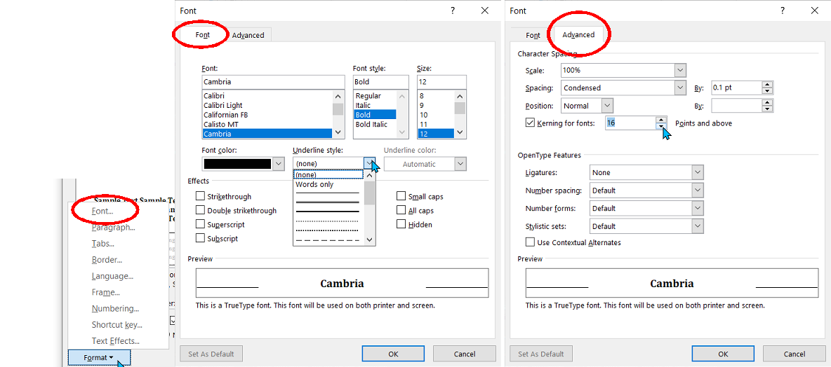 Styling the font in MS Word.